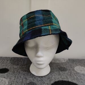 American Eagle Plaid Bucket Hat Green Blue Tartan Checkered One Size AE